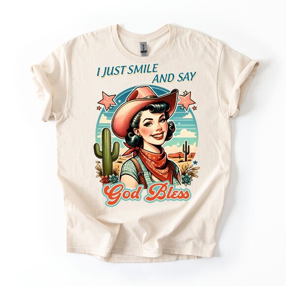 Retro Cowgirl T-Shirt Pinup God Bless Western Desert Women's Country Graphic Tee - Picture 1 of 3